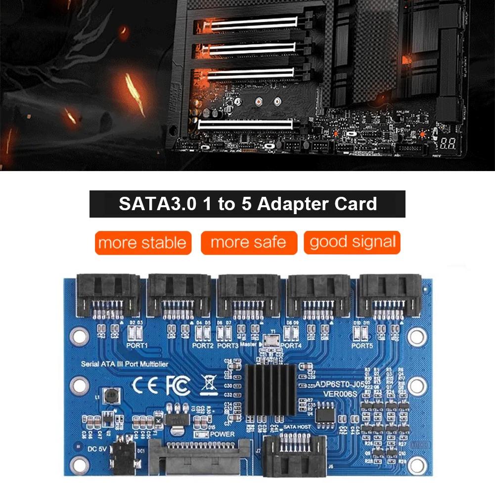 1 to 5 Port SATA Adapter Card SATA 3.0 6Gbps PM Expansion Card  Multiplier SATA Port Riser Card Adapter for HDD Computer