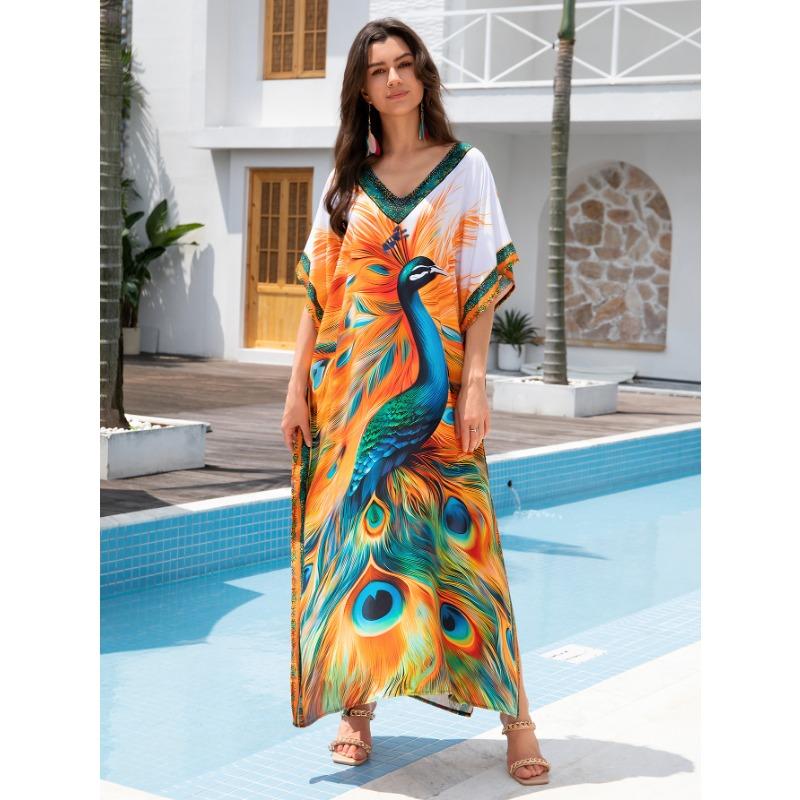 Женская мода лето весна перо принт рукава 1/2 V-образный вырез свободная талия повседневные платья