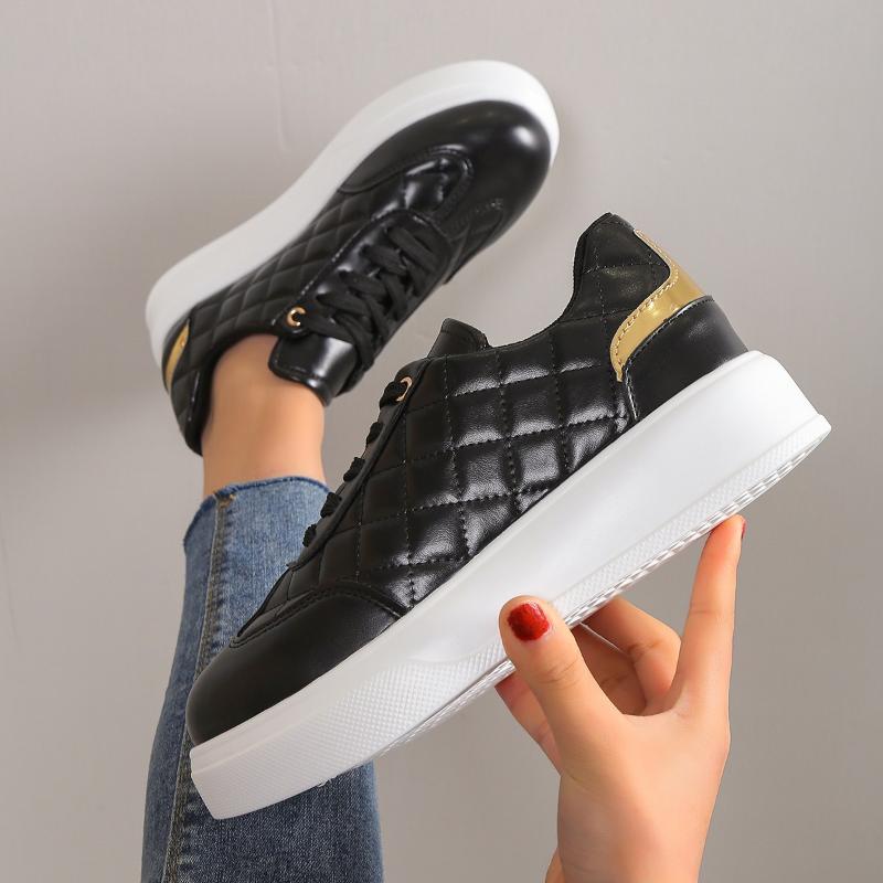 Women's Shoes 2024 New Fashion Tennis Thick Bottom Vulcanized Shoes Casual Leather Lace Up Outdoor Running Black Chaussure Femme