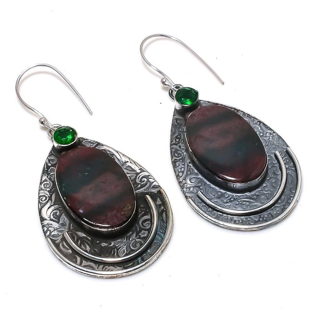 Natural Bloodstone, Diopside Gemstone 925 Sterling Silver Earring 2.52" ME-697