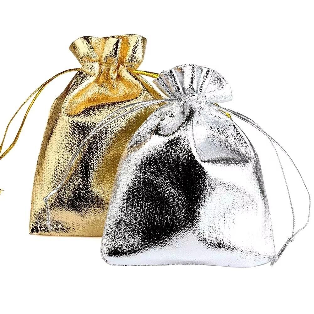 20PCS Gold Silver Color Drawstring Pouches 7x9cm 9x12cm 10x15cm Candy Packing Bags Wedding Gift