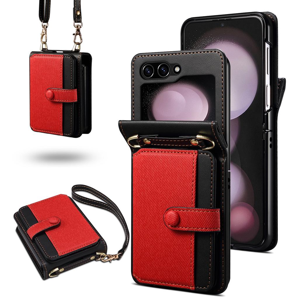 For Samsung Galaxy Z Flip6 5G Case Splicing Color Leather Phone Cover with Card Slot Holder Lanyard