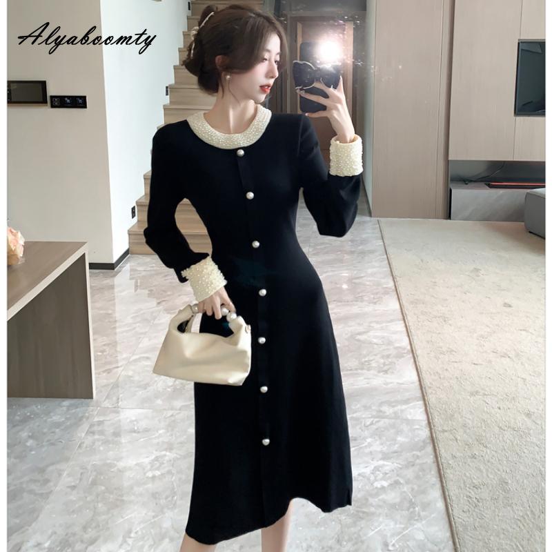 Осенне-зимнее женское черное платье-свитер с круглым вырезом, великолепное вязаное платье с бисером, роскошное праздничное трикотажное платье с нежным жемчугом