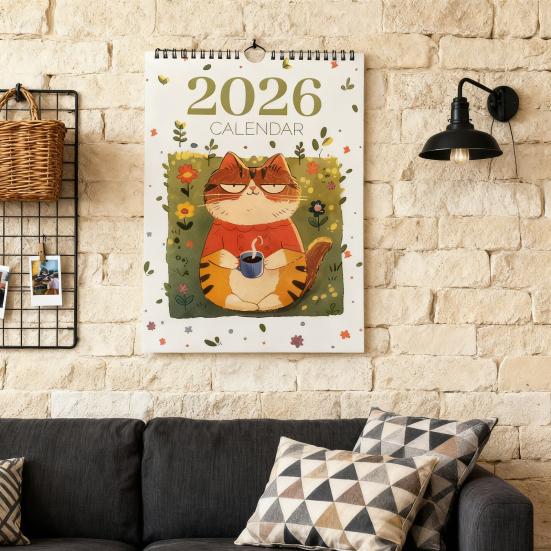 2026 Hand-Painted Cat Wall Calendar 12-Month Planner Feline Illustrations Thick Paper Calendar Gift for Pet Lovers