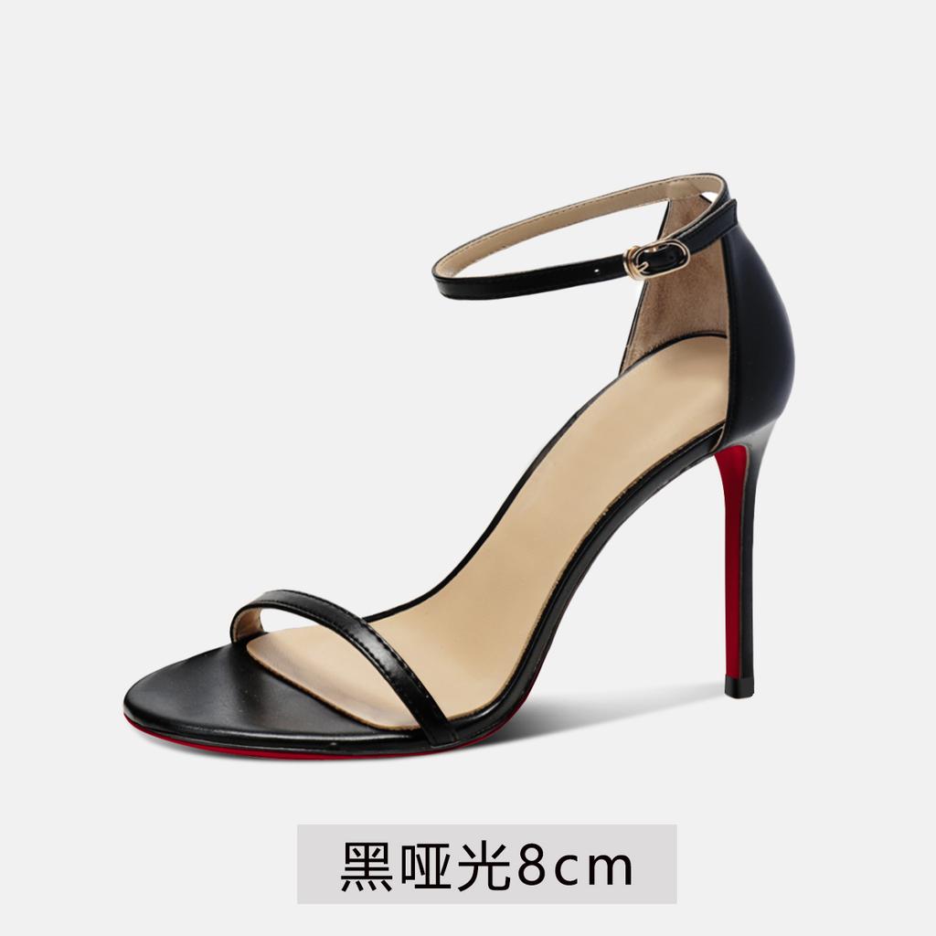 Black SW Flat High-heeled Sandals for Women, New Summer Popular, Same Style Ultra-fine Heel Red Sole High-heeled Shoes