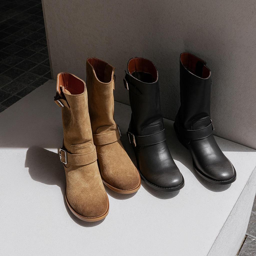 Krazing Pot Осенне-зимняя обувь из коровьей замши и нубука, модные ботинки с круглым носком, сохраняющие тепло, на среднем каблуке, с пряжкой на ремне, с отделкой до середины голени