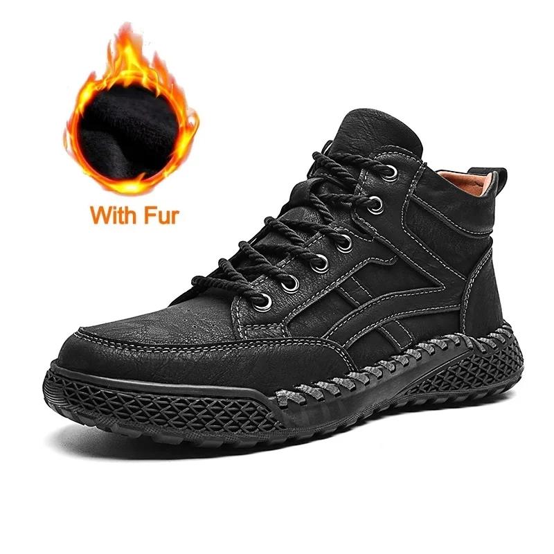 Fashion New 2024 Stylish Men Handmade Casual Leather Basic Boots Outdoor Antiskid Flat Design Hiking Sneakers Comfy Lace-Up Ankle Boots