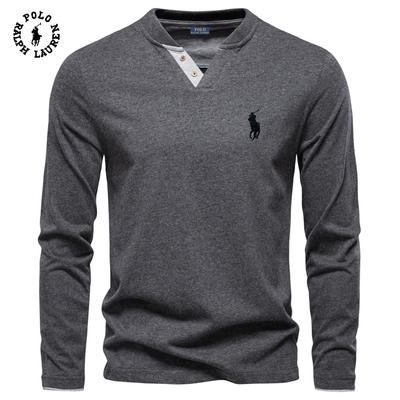 2025 Осень Новая Вышивка Мужская Мода Цвет Хлопок Однотонная Футболка с Длинным Рукавом V-образный вырез Повседневный Мужской Топ Футболка