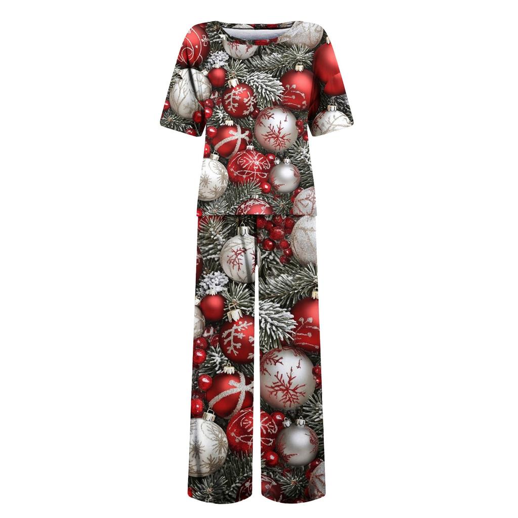 Women's Ice Silk Satin Christmas Print Pajama Set Short Sleeve Shirt And Long Pajama Pants Set Soft Home Clothes