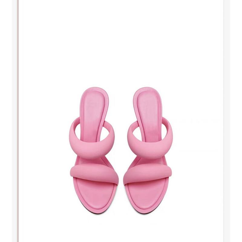 Дизайн модного бренда Простые однотонные женские тапочки 2024 Лето Новые Высокий каблук Черный Золотой Круглый носок Женские сандалии Размер 34-46