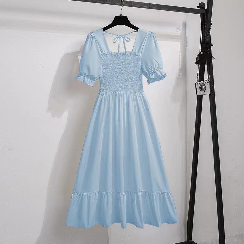 "French Retro Floral Square Neck Puff Sleeve Dress for Petite Women - High Waist, Sweet, Short Spring Style"