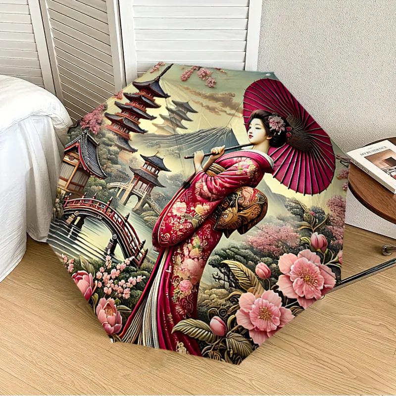 1PC Geisha Blossoms Automatic Folding Umbrella - Compact 8-Rib Design, Durable Plastic & Iron, Lightweight for Outdoor Daily Use, Festive Gift062