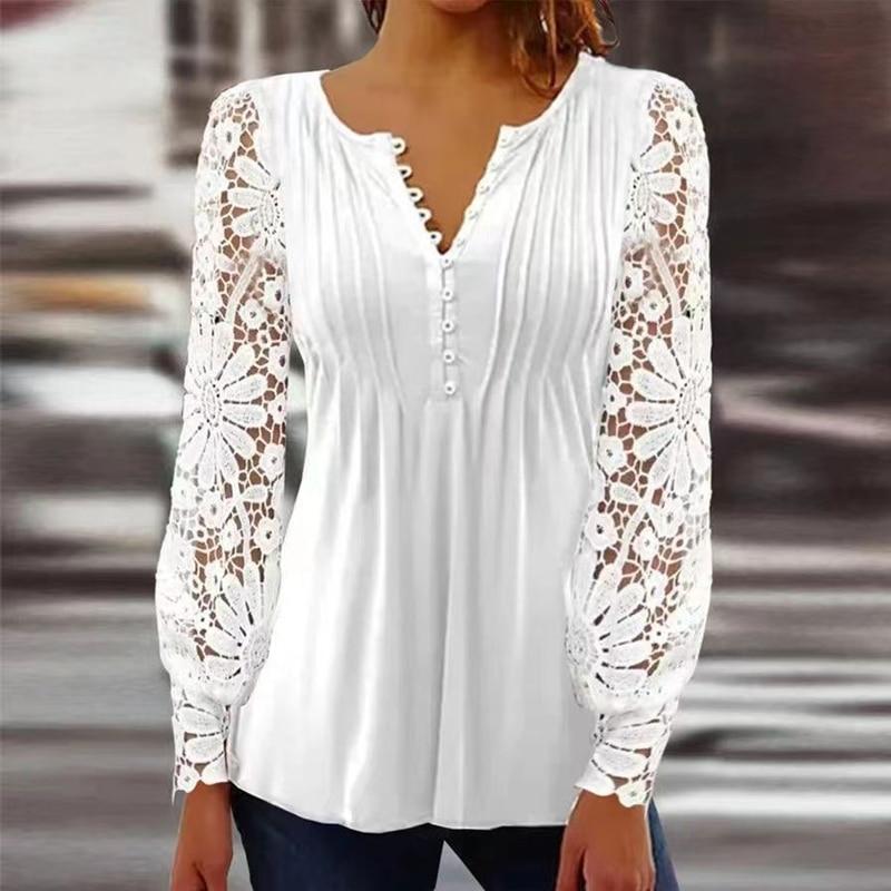 Elegant Long Sleeve Woman Lace Blosue Fashion Hollow Out Tops V Neck Solid Pleated Tops Vintage Blouses Women Plus Size Casual Slim White Shirt 24815