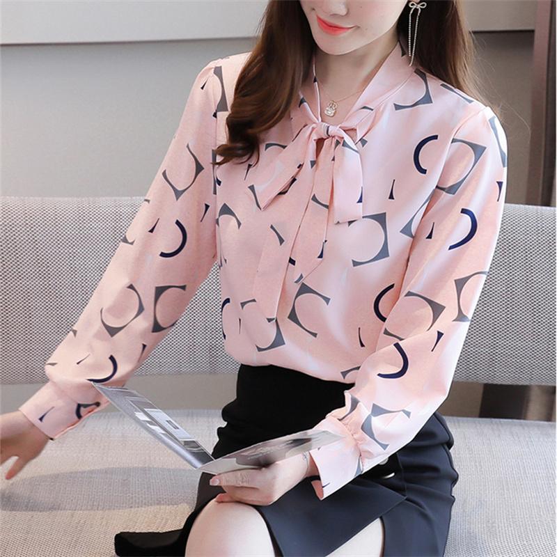 M-4XL женские весенне-летние стильные шифоновые блузки, рубашки, женские повседневные блузки с длинными рукавами и галстуком-бабочкой, воротник с принтом, топы