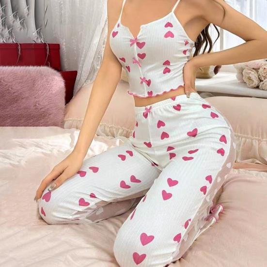 2 шт./комплект женский жилет брюки костюм бант сердечко принт без рукавов сборка кант топ сетчатые лоскутные брюки домашняя одежда одежда для сна наряд летняя одежда для отдыха