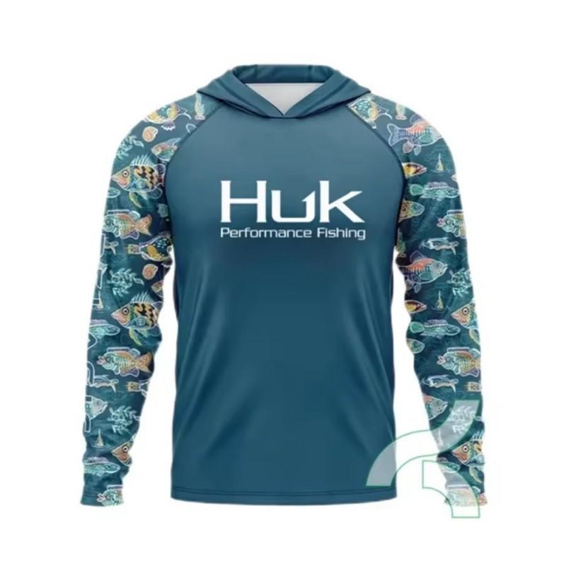 HUK Long Sleeve Hooded Fishing Shirt UPF 50 Lightweight Sun Protection Anglers