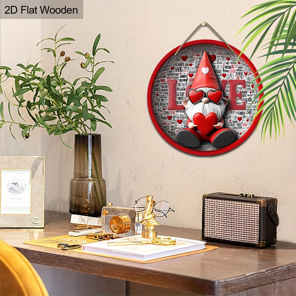 Whimsical Valentine'S Day Round Wooden Sign - Unique Gnome & Love Design, Multifunctional Outdoor Yard Sign for Home, Farm, Garden, Bar, Garage
