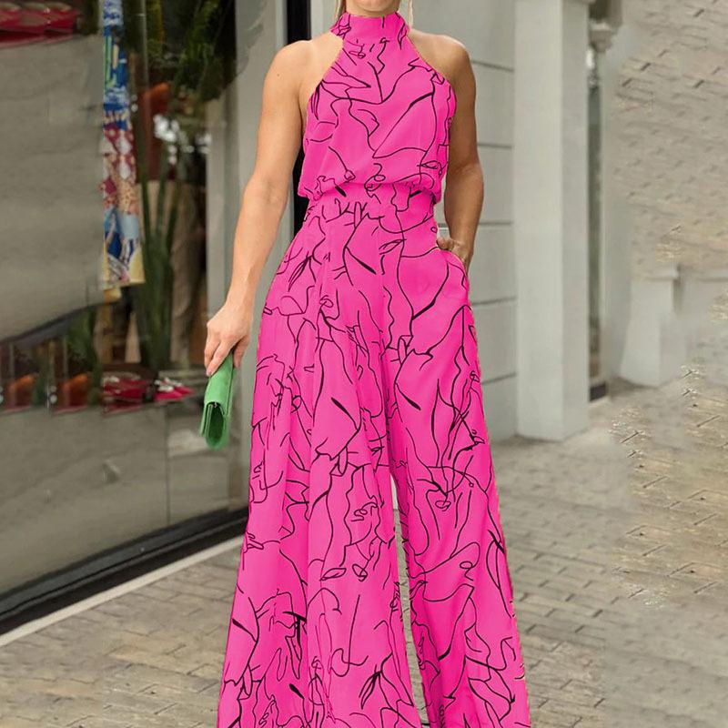 Элегантный комбинезон с лямкой на талии, повседневный комбинезон без рукавов с принтом и завязками на талии, летний комбинезон с широкими штанинами и длинными брюками, женская одежда