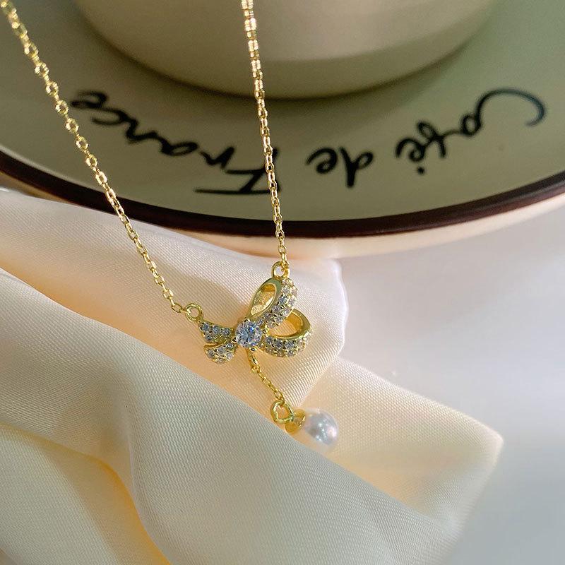 Ожерелье с жемчугом и бантом на груди Sweet Niche Design Sense Clavicle Chain Temperament Super Fairy