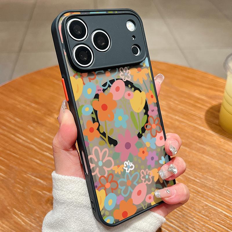 Retro Flower Print Case For iPhone 17 18 Pro Max Hybrid TPU+PC Magnetic Phone Cover For iPhone 16 15 14 13 Pro Max 17E