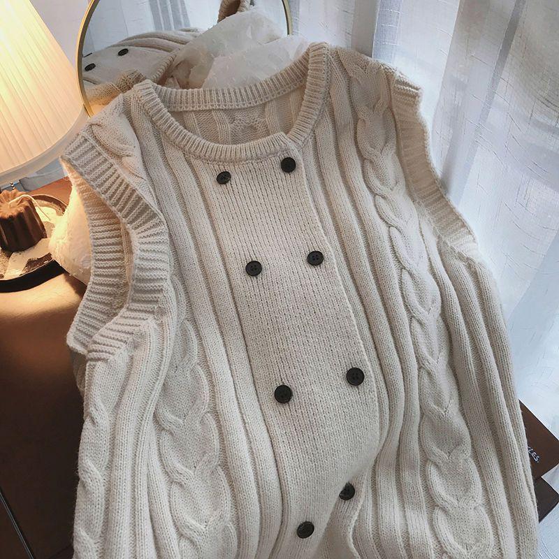Elegant Double Breasted Vest Cardigan Soft Design Sleeveless Waistcoat Knitted Coat
