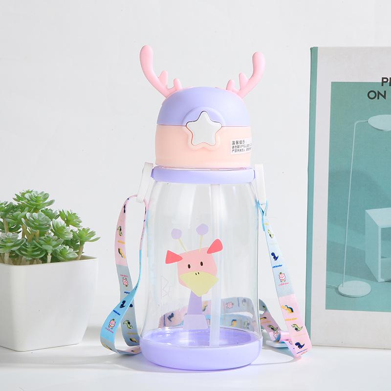 1pc 600ml Kids Water Sippy Cup Antler Creative Cartoon Baby Cups with Straws Leakproof Water Bottles Outdoor Childrens Cup