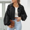 Autumn Women Lapel Lantern Sleeve Cropped Jacket Solid Color Single Breasted Overcoat Outwear Vintage Corduroy Coat