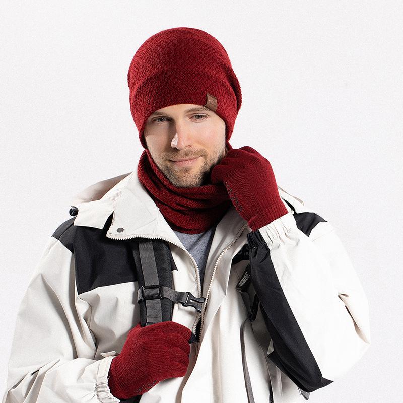 Winter Warm Hat Gloves Scarf Three-Piece Set Winter Men's Outdoor Cold Protection Fleece Knitted Woolen Cap