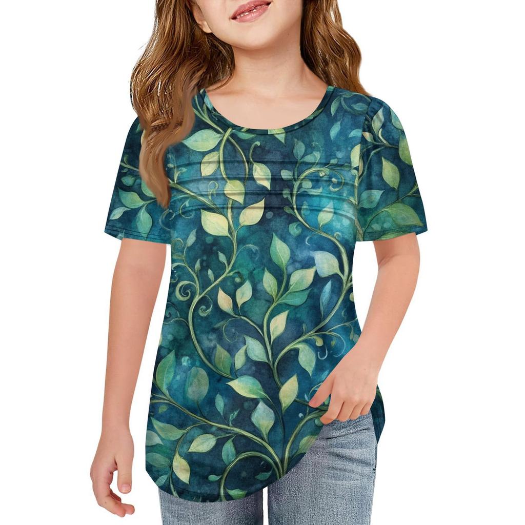 Детские футболки-складки, летние футболки с короткими рукавами и круглым воротником, с принтом цветов, пальто для отдыха