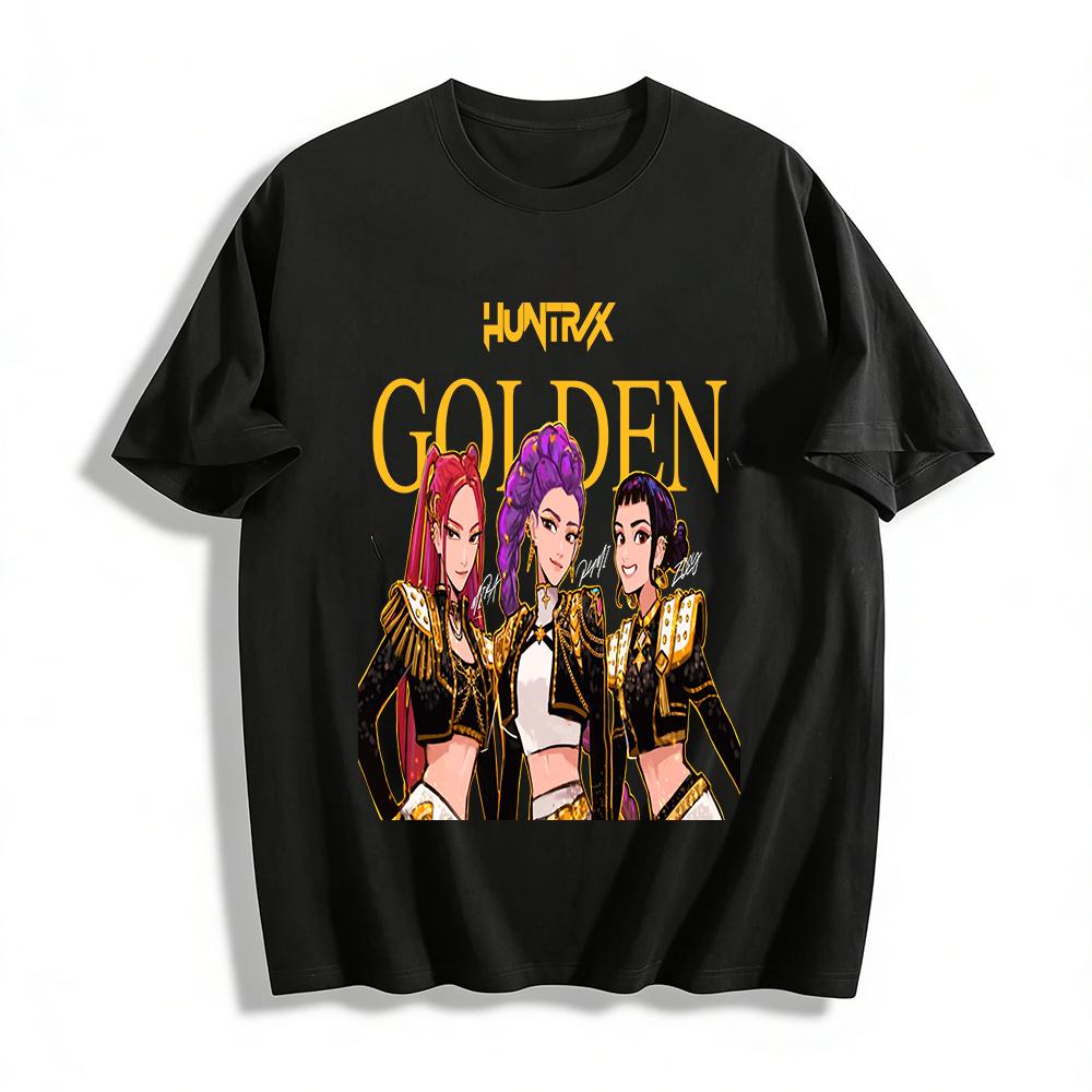 HUNTRIX GOLDEN Group Укороченный топ с принтом Модный стиль K-pop Футболка для фанатов айдолов Для женщин Футболка из чистого хлопка
