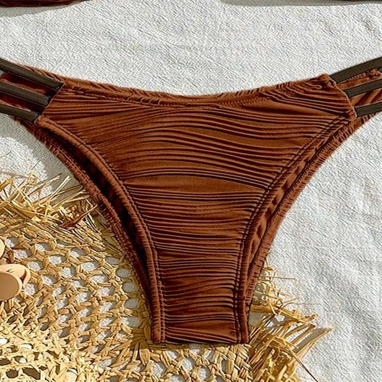 2Pcs/Set Women Bikini Set Sling Bandeau Padded Bra Wrinkle Texture Briefs Set Patchwork Color Split Swimsuit