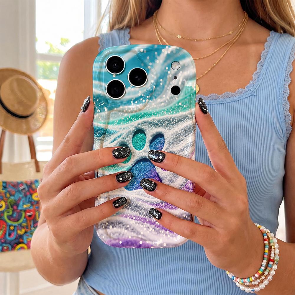 Iridescent Glitter Cat Paw Phone Case For iPhone 17 16 15 14 13 12 11 Pro Max Plus Wavy Edge Protective Cover