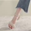 Summer New Crystal Thick Heel Sandals Women's Mesh Yarn Pearl One-word Strap High Heels with Skirt