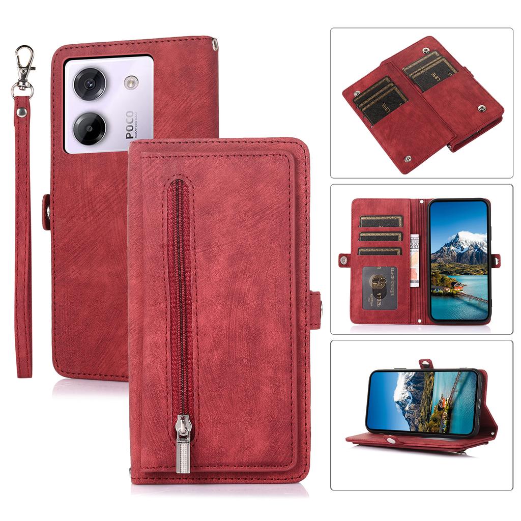 Чехол для Xiaomi Poco M7 Pro 5G с карманом на молнии, 9 отделениями для карт, кожаный чехол для телефона из ПУ с ремешком на запястье