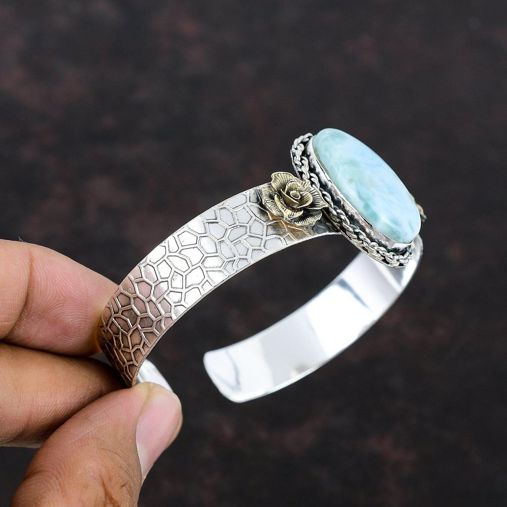 Браслет-манжета Larimar, браслет из стерлингового серебра 925 пробы, ювелирные изделия из настоящих драгоценных камней, позолота 18 карат, регулируемый браслет ручной работы, подарок для него, целебный камень