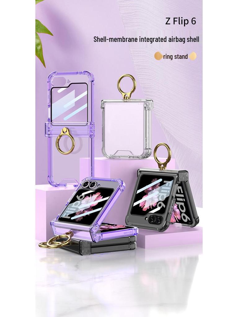 Чехол для Samsung Galaxy Z Flip 6: Вал подушки безопасности, Полностью закрывающий корпус, Прозрачная пленка, Держатель-кольцо