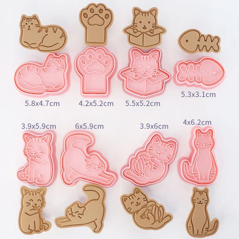 8Pcs/Set Cat Cookie Cutters Plastic 3D Cartoon Pressable Biscuit Mold Cookie Stamp Kitchen Baking Pastry Bakeware Tool