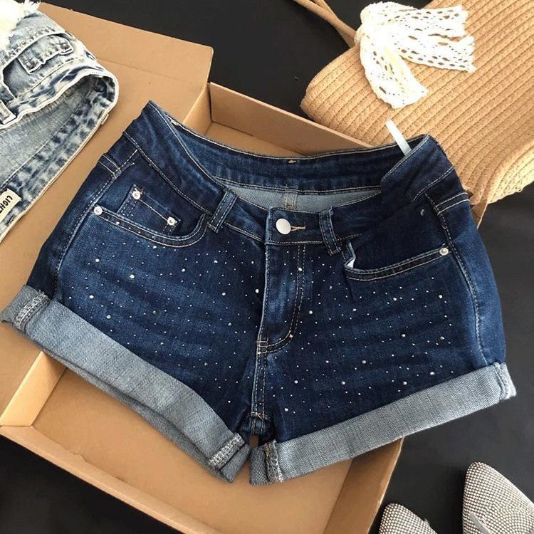Женские темно-синие джинсовые шорты-hotpants с блестками, на низкой талии, А-силуэта, облегающие