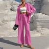 Women's Fashion Solid Color Long Sleeved Button Cardigan Top Elastic Waist Casual Pants Two-piece Set