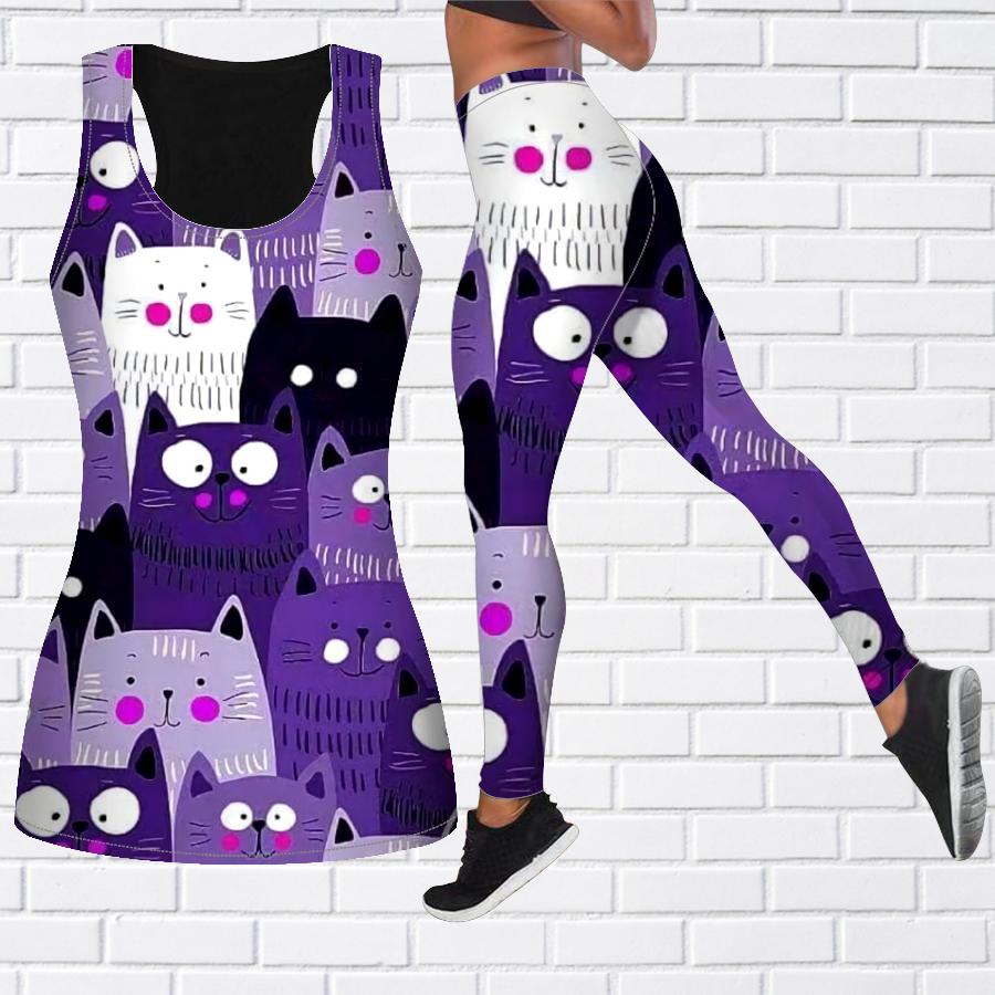Экипировка для йоги с мультяшным котенком и принтом для женщин, модные леггинсы для тренировок, спортивные повседневные штаны для фитнеса и йоги