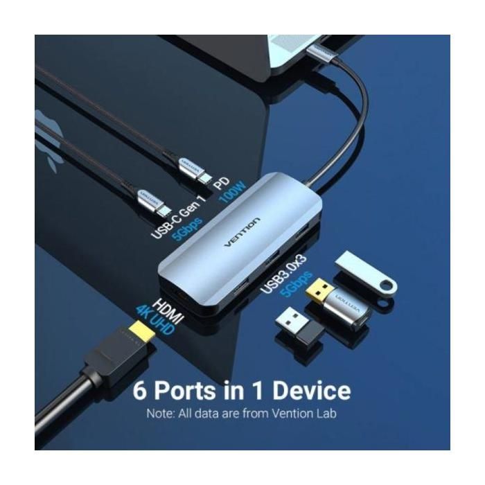 Concentrateur USB - VENTION - TOFHB - 6 En 1 - 100W - HDMI 4K - 3xUSB 3.0