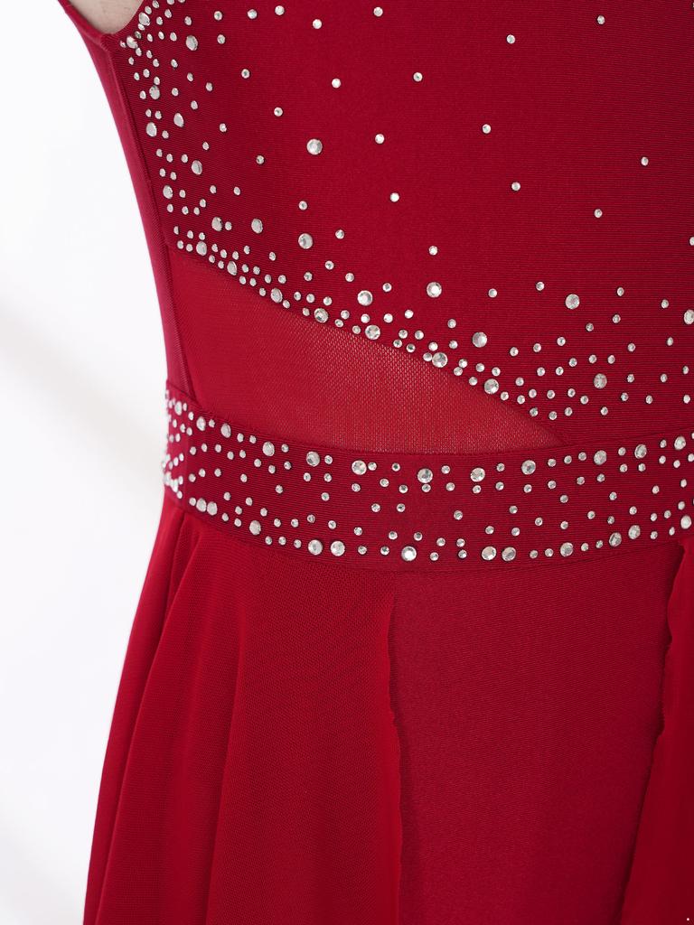 Девочки Сверкающие Стразы Купальник Платье Без рукавов Асимметричный Подол Лирический Танец Выступление Элегантный Наряд