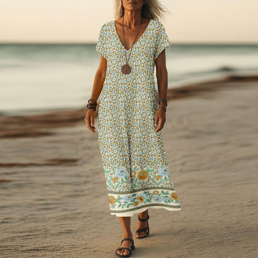 Summer Dress Women's Long Boho Beach Dress Elegant Maxi Dress V-Neck Short Sleeve Summer Tunic Dress Light Airy