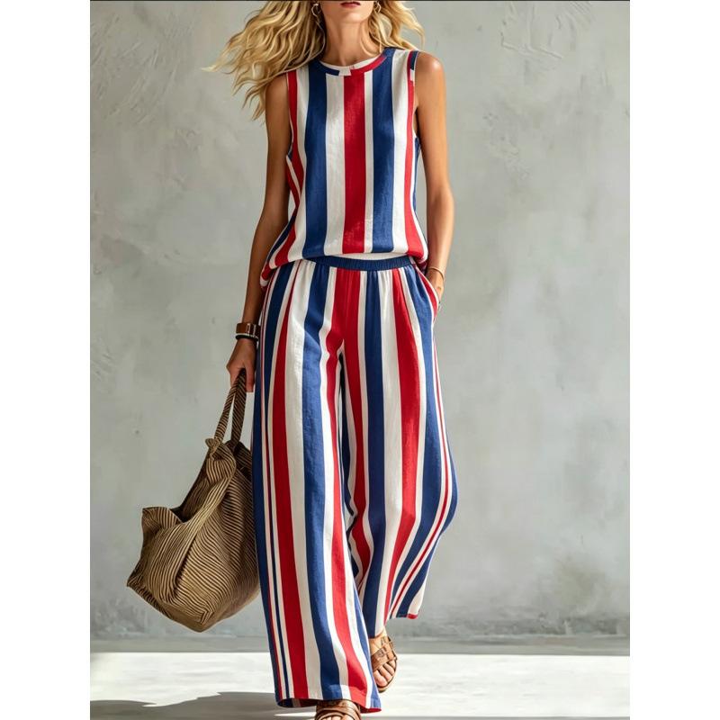 Crew neck top wide leg pants two-piece set women's casual suit European and American summer new rainbow tie-dye sleeveless