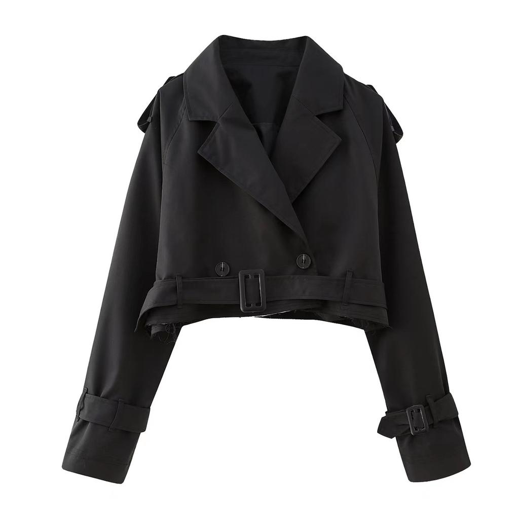 Vintage Belt Cropped Trench Jacket Women Long Sleeve Lapel Fashion Coat Autumn Winter Double Breasted Tops Female Streetwear