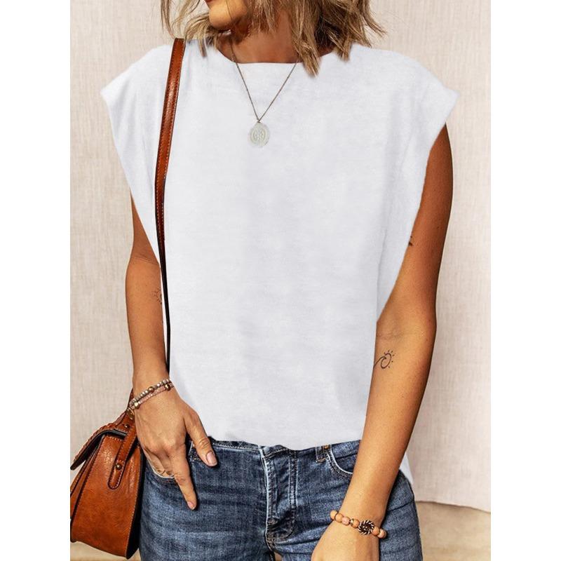 YYFS Женские модные повседневные летние весенние однотонные блузки и рубашки без рукавов с круглым вырезом и принтом