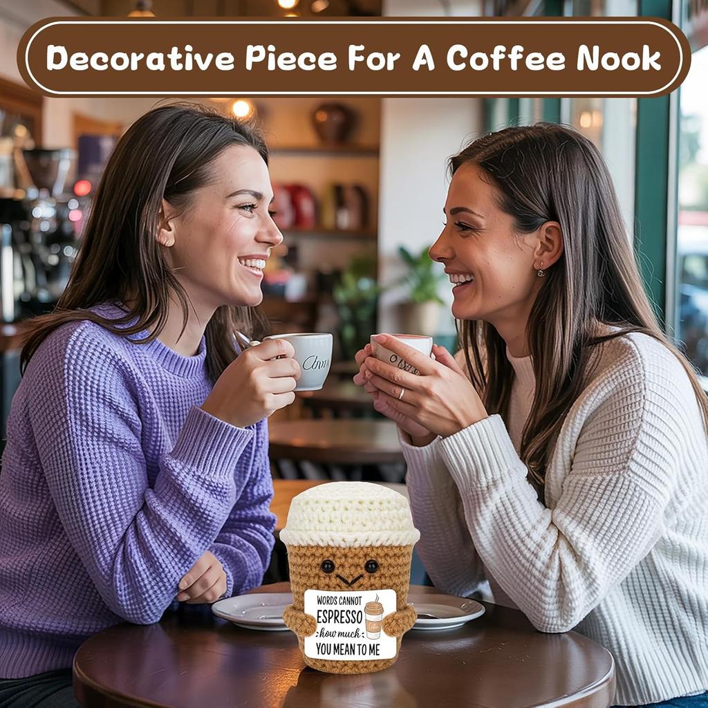 Funny Crochet Emotional Support Coffee Doll With Card Desktop Ornament Handmade Knitted Coffee Dolls Christmas Gifts Home Decor