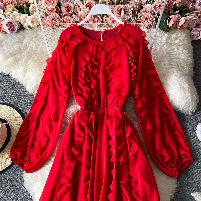 RUGOD 2025 Весна Новое Темпераментное Платье Грибок Женское Платье с Высокой Талией, Длинным Рукавом, V-образным Вырезом, Шифоновое Французское Платье