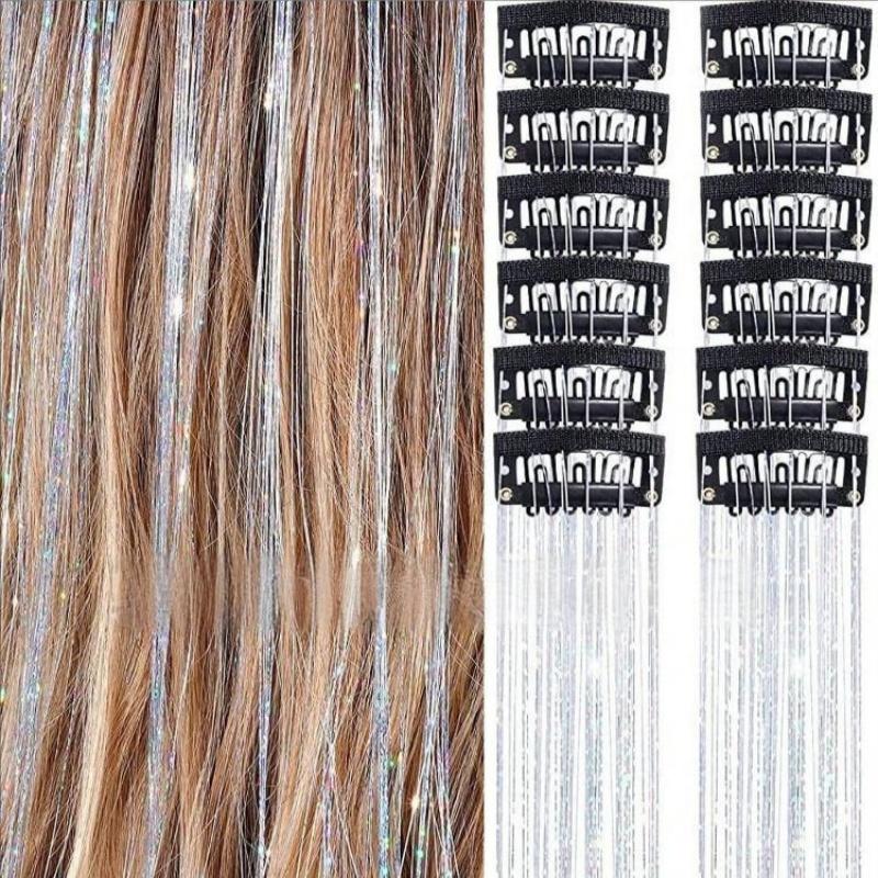 12pcs Clip-in Hair Extensions – Holographic Rainbow Straight Hair Pieces with Gold Thread, Heatless Colorful Highlights for Festival & Party