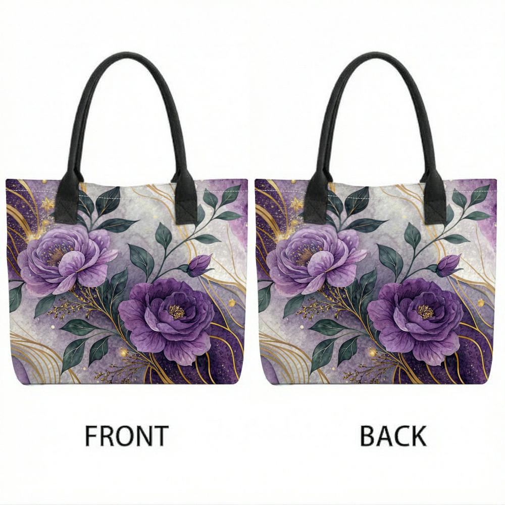 Purple Peony Print Tote Bag Elegant Large Capacity Shoulder Bag for Daily Use